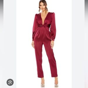 Women's Deep V Satin Jumpsuit in Burgundy